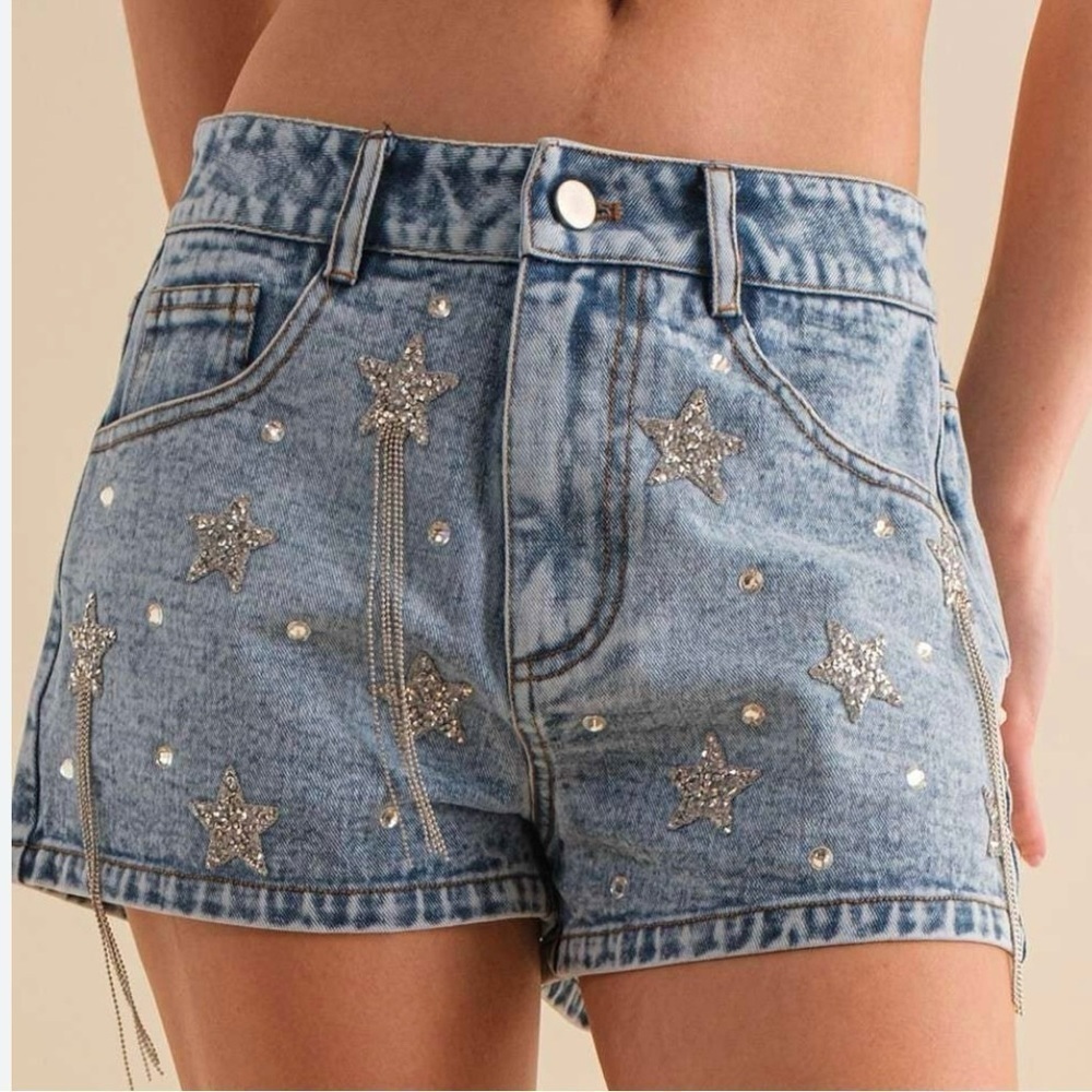 Main Strip Falling Star Celestial Rhinestone Fringe High Rise Denim Jean Shorts